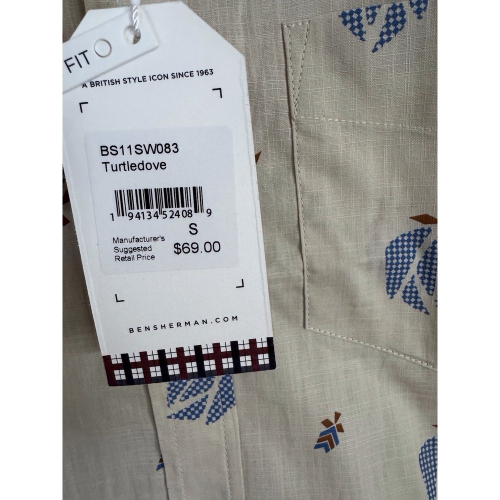 Ben Sherman Men's Small‎ Button-Down Beige Print Short Sleeve Classic Fit NWT - Picture 2 of 8